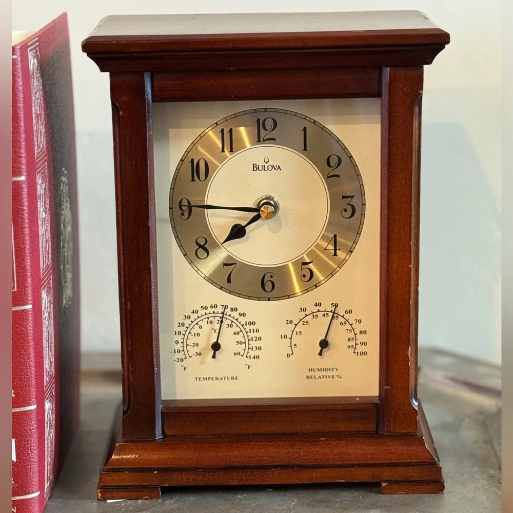 Vintage Bulova Gold and Brown Mantle Clock with Thermometer and Hygrometer